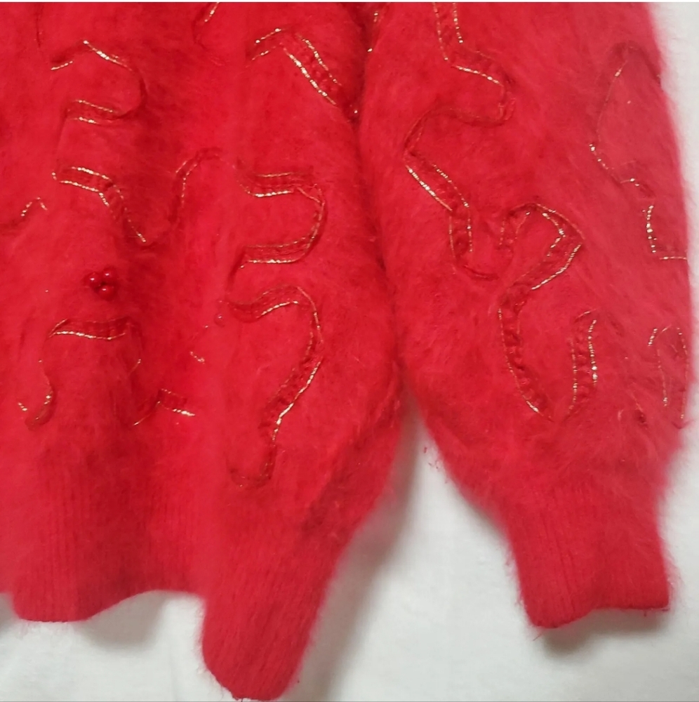 Vintage Gee Gee 80s LG Red Angora Lavish Sweater Pullover Ribbon Beaded W19 - Picture 6 of 15